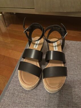 Steve Madden Black Leather Double-Strap Espadrille Sandals